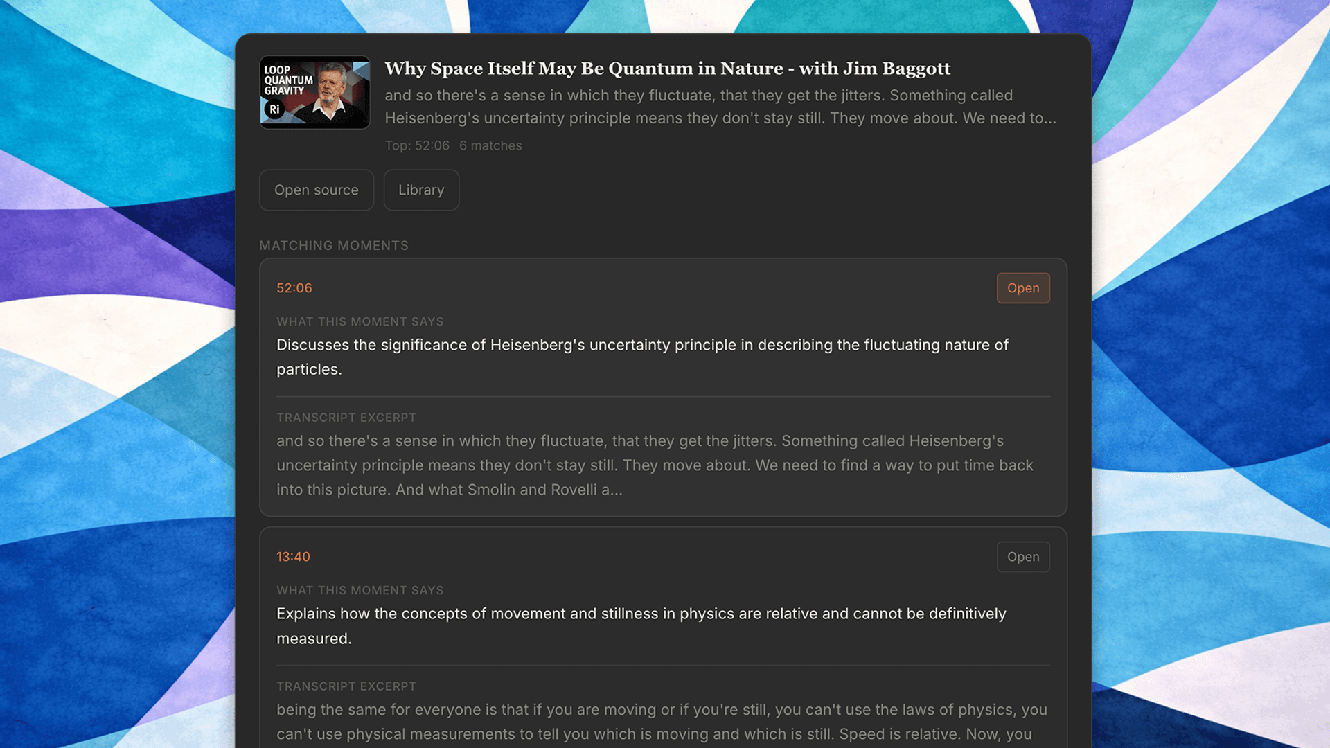 ConceptSeek opening an exact source moment at the original timestamp